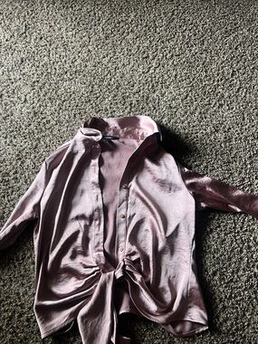 Satin Pink Tie-Front Button Shirt